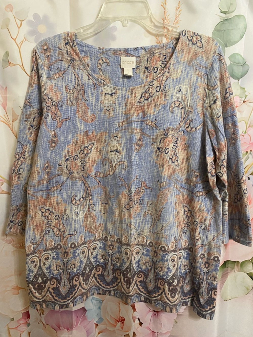 Chico's Blue and Tan Paisley-Print 3/4 Sleeve Top